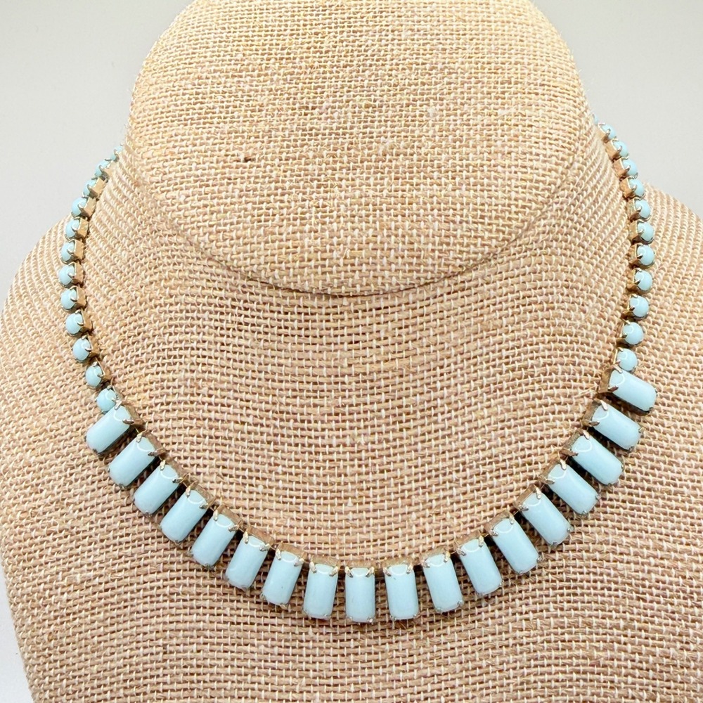 Vintage 50s 60s Matte Opaque Pastel Robin Egg Blue Cabochon Choker Necklace 14"